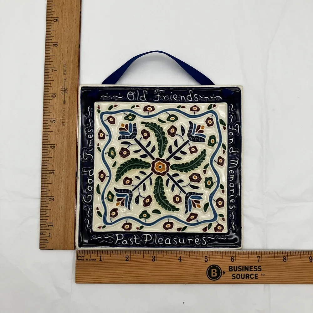 J. Duban Designs Hanging Tile Old Friends 6x6 Navy Blue Vintage Handcrafted